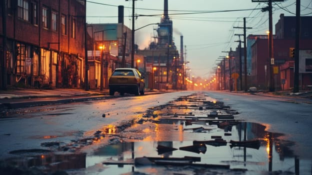 A street with a puddle of water and cars on it