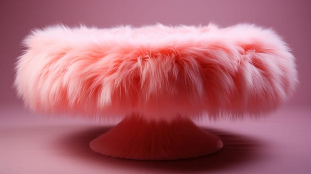 A pink fluffy object on a pedestal with light behind it