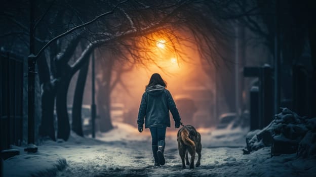 A woman walking a dog in the snow at night