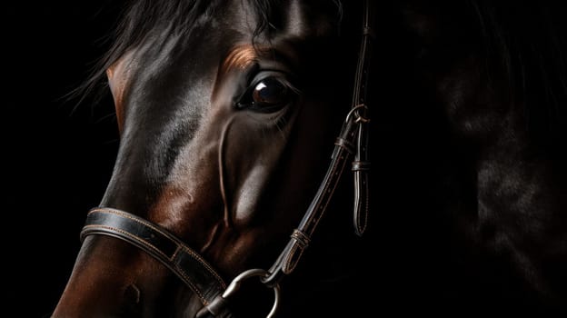 A close up of a horse with bridle and saddle on