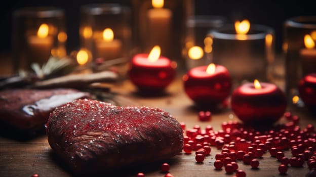 A table with candles and a heart shaped cookie on it