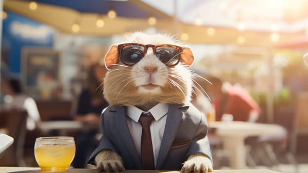 A guinea pig wearing a suit and tie sitting at the table