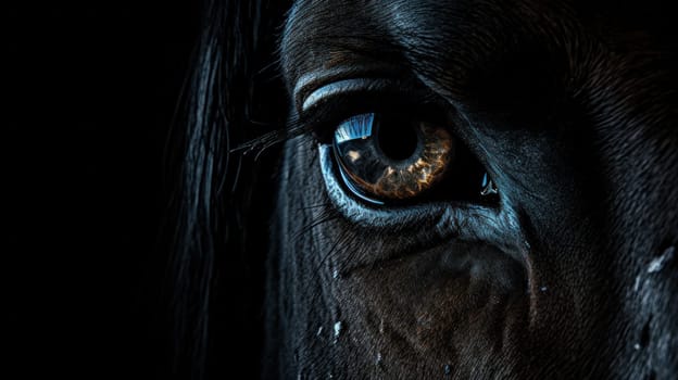 A close up of a horse's eye with the pupil dilated