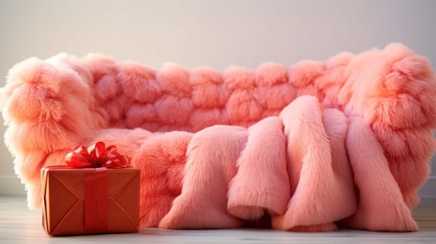 A pink fur couch with a red gift box on top of it