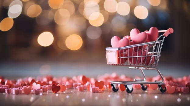 A shopping cart filled with hearts is sitting on a table