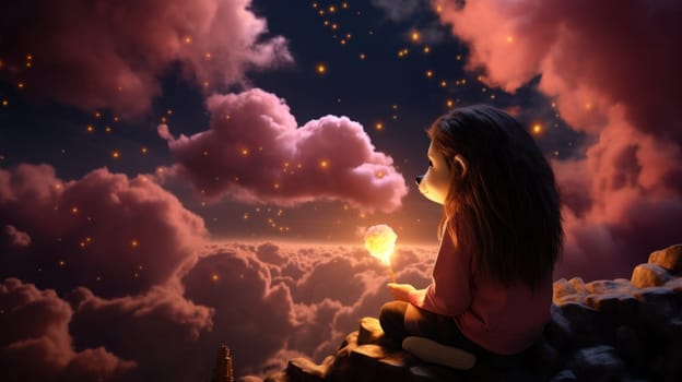 A girl sitting on a rock looking up at the clouds