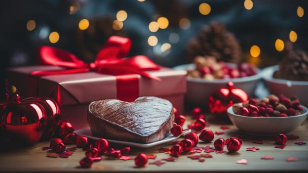 A heart shaped cake with red ribbon and presents on a table