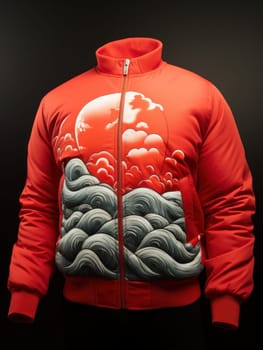 A red jacket with a painting of waves and clouds on it