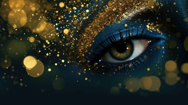 A close up of a woman's eye with gold glitter on it