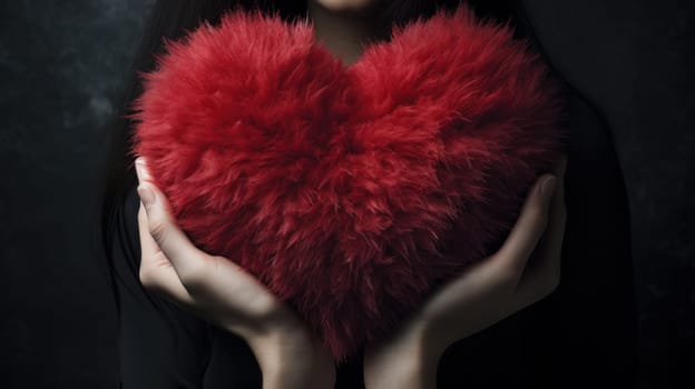 A woman holding a large red heart shaped fur in her hands