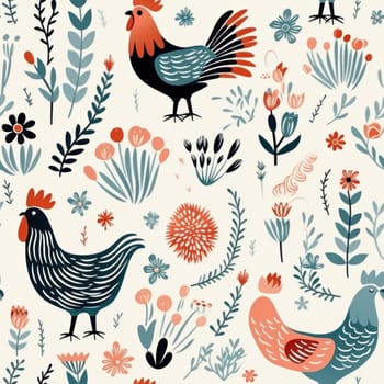 A pattern with chickens and flowers on a white background