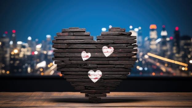 A heart shaped wooden block with a city skyline in the background