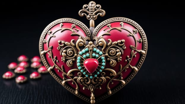 A red heart shaped box with turquoise stones on it