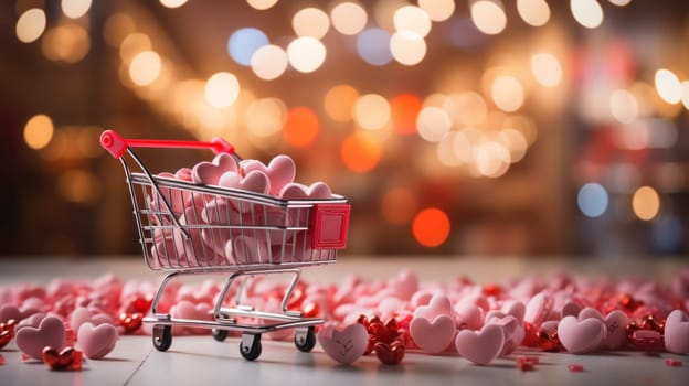 A shopping cart filled with hearts is sitting on a table