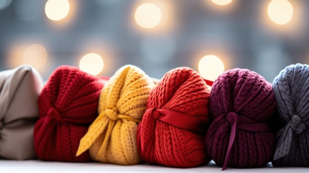 A row of colorful knitted bags lined up on a table