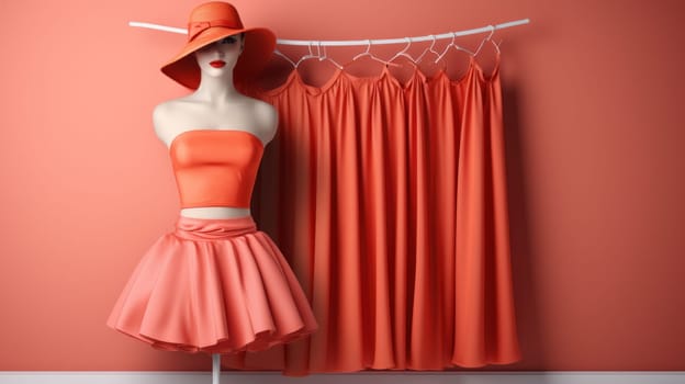 A mannequin wearing a hat and dress with orange skirts