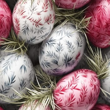 A close up of a bunch of painted eggs with green and white branches