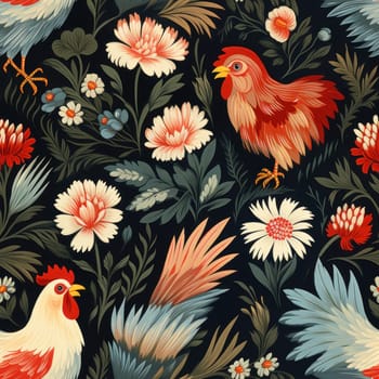 A pattern of a colorful floral design with chickens and flowers