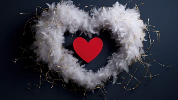 A heart shaped wreath made of feathers and a red paper