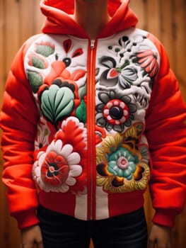 A close up of a person wearing an orange and red jacket