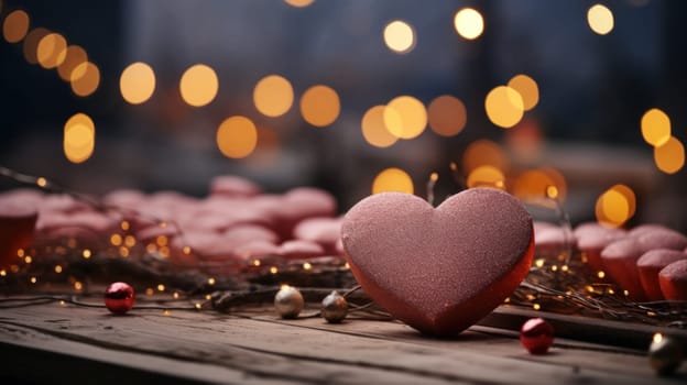 A bunch of hearts are sitting on a table with lights around them