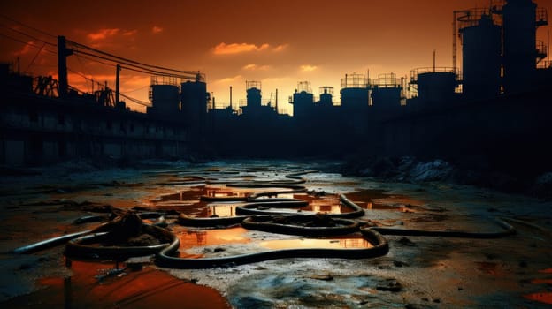 A dirty water is flowing through a city at sunset