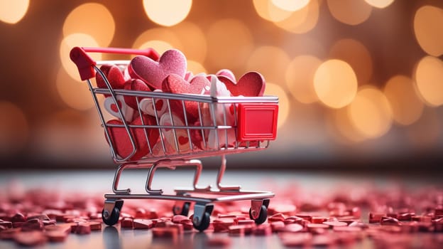 A small shopping cart filled with hearts and candy on a table