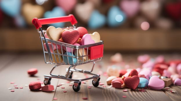 A small shopping cart filled with heart shaped candies on a wooden floor