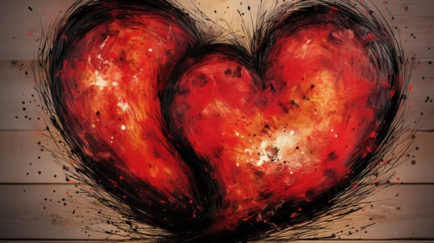 A painting of two red hearts on a wooden wall