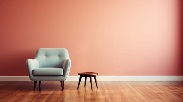 A chair and a small table in front of an orange wall