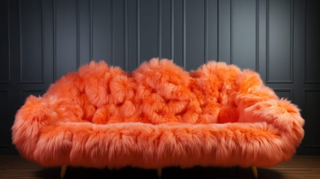 A fuzzy orange couch sitting on a wooden floor in front of a dark wall