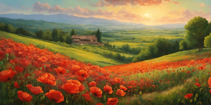 Red flowers, poppy field. Scenery. Generative AI. High quality photo