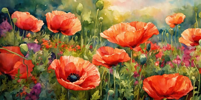 Red flowers, poppy. Watercolor drawing. Generative AI. High quality photo