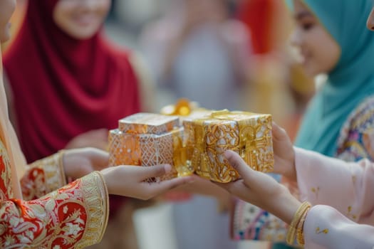 Close up of muslim women exchanging gifts.