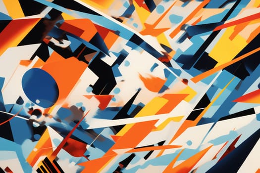 A closeup of a vibrant abstract painting featuring a bold font with tints and shades of orange and electric blue, creating a captivating pattern