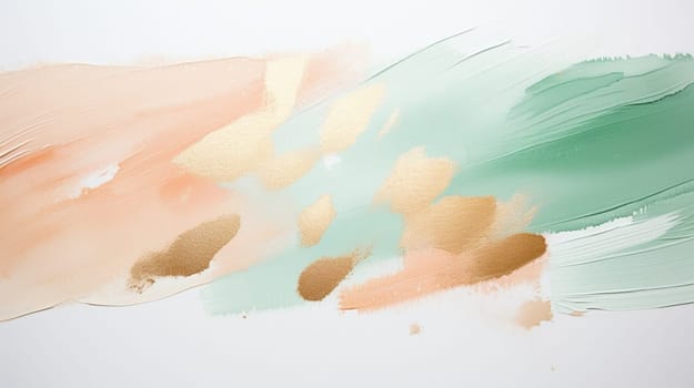 An abstract painting with gentle strokes of pastel green, peach, and gold hues blending softly on a textured canvas, evoking a sense of calmness. High quality photo