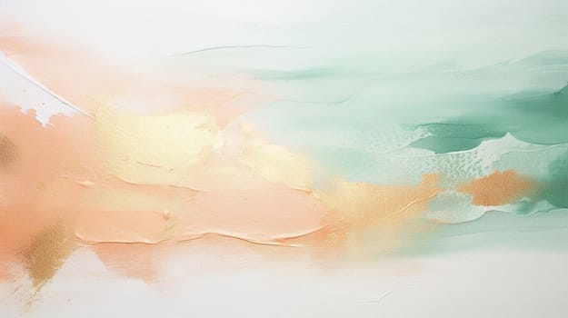 An abstract painting with gentle strokes of pastel green, peach, and gold hues blending softly on a textured canvas, evoking a sense of calmness. High quality photo