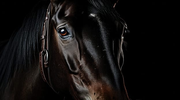 A close up of a horse's face in the dark