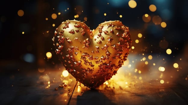 A golden heart with sparkles on a wooden table