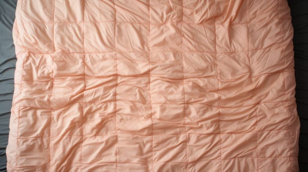 A pink quilt on a bed with sheets and pillows