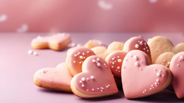 A bunch of heart shaped cookies with pink icing on a table