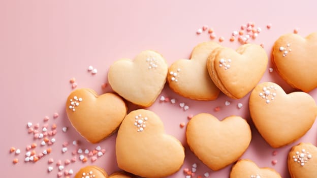 A bunch of heart shaped cookies with sprinkles on a pink background