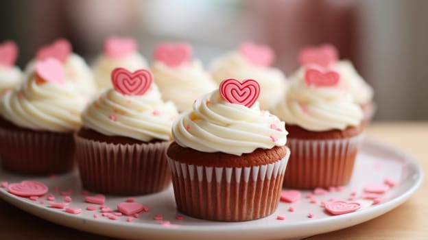 A plate of cupcakes with hearts on top are sitting in a bowl