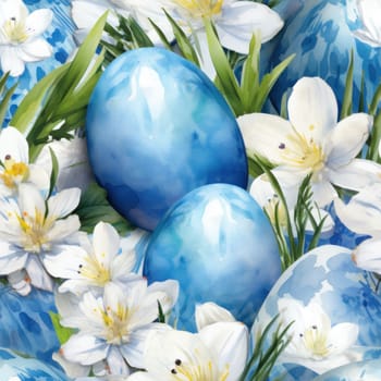 A blue and white easter eggs are surrounded by flowers