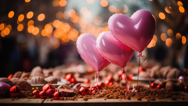 Three pink balloons are sitting on top of a table