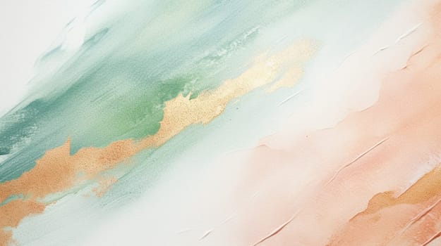 An abstract painting with gentle strokes of pastel green, peach, and gold hues blending softly on a textured canvas, evoking a sense of calmness. High quality photo