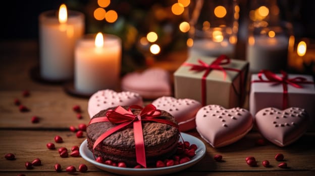 A plate of a heart shaped cookie with red ribbon and candles