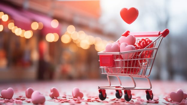 A shopping cart filled with hearts and a heart shaped balloon