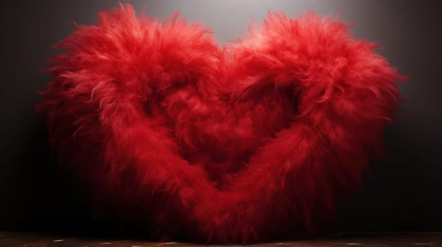 A large red heart shaped object sitting on a dark floor