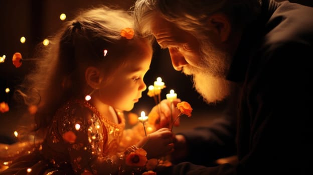 A man and a little girl with lit candles on their faces